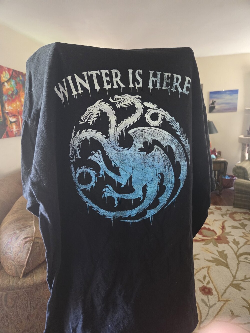Game Of Thrones 'Winter Is Here' Black Graphic Tee with Blue Dragon 2xl